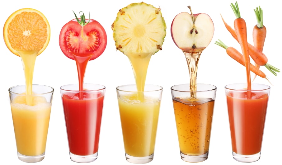 image of juices from oranges, tomatoes, pineapple, apples, and carrots 